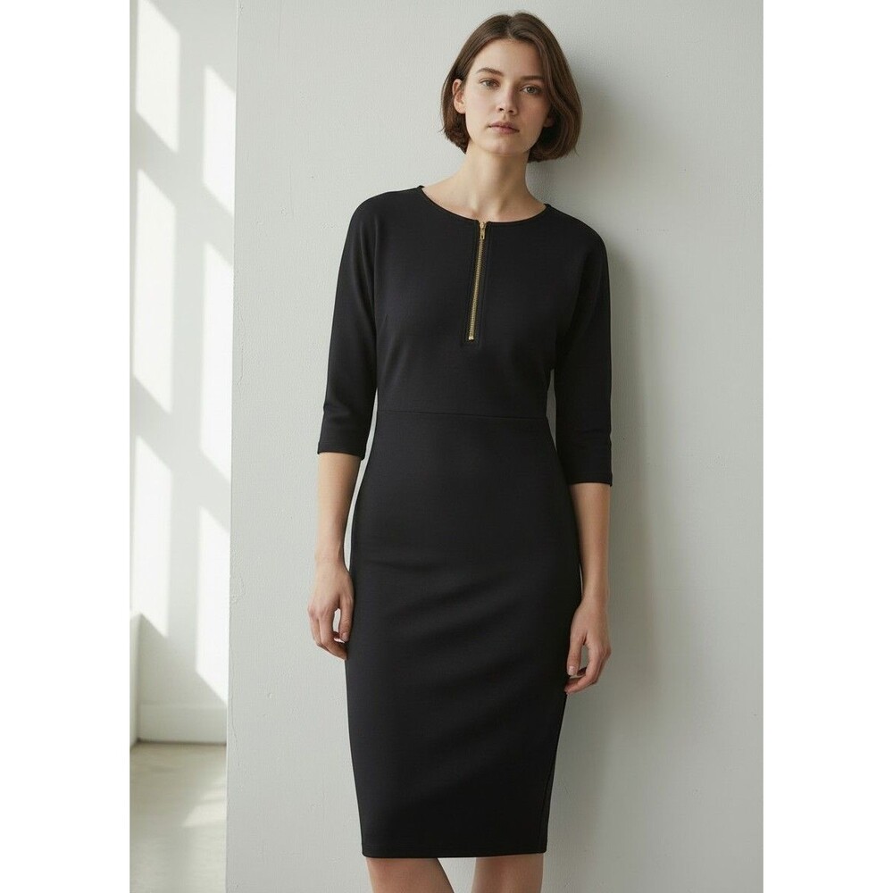 Tiana B Black 3/4 Sleeve Scoop Neck Sheath Dress M Medium Stretch Work Formal